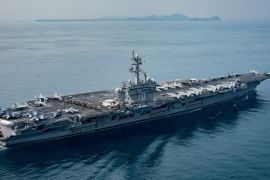 The U.S. aircraft carrier USS Carl Vinson transits the Sunda Strait, Indonesia on April 15, 2017. Picture taken on April 15, 2017. Sean M. Castellano/Courtesy U.S. Navy/Handout via REUTERS ATTENTION EDITORS - THIS IMAGE WAS PROVIDED BY A THIRD PARTY. EDITORIAL USE ONLY.