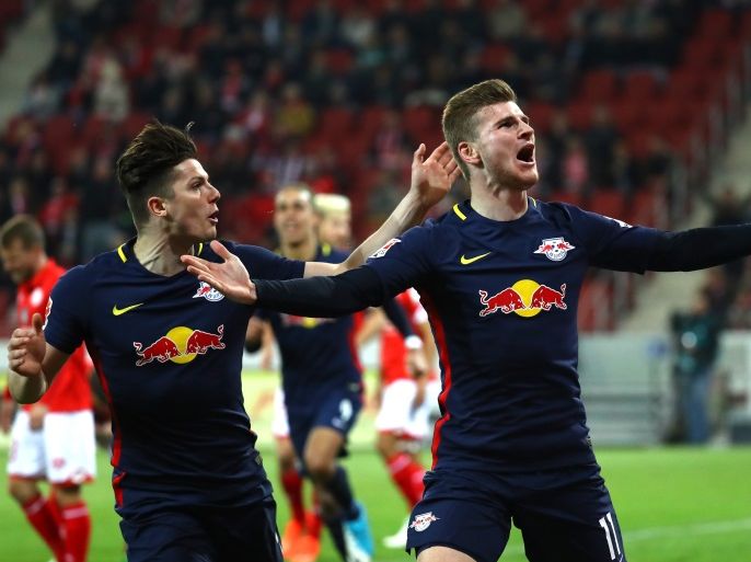 Football Soccer - FSV Mainz 05 v RB Leipzig - German Bundesliga - Opel Arena, Mainz, Germany - 5/4/17 - RB Leipzig's Timo Werner and Marcel Sabitzer react after scoring a goal REUTERS/Kai Pfaffenbach DFL RULES TO LIMIT THE ONLINE USAGE DURING MATCH TIME TO 15 PICTURES PER GAME. IMAGE SEQUENCES TO SIMULATE VIDEO IS NOT ALLOWED AT ANY TIME. FOR FURTHER QUERIES PLEASE CONTACT DFL DIRECTLY AT + 49 69 650050.