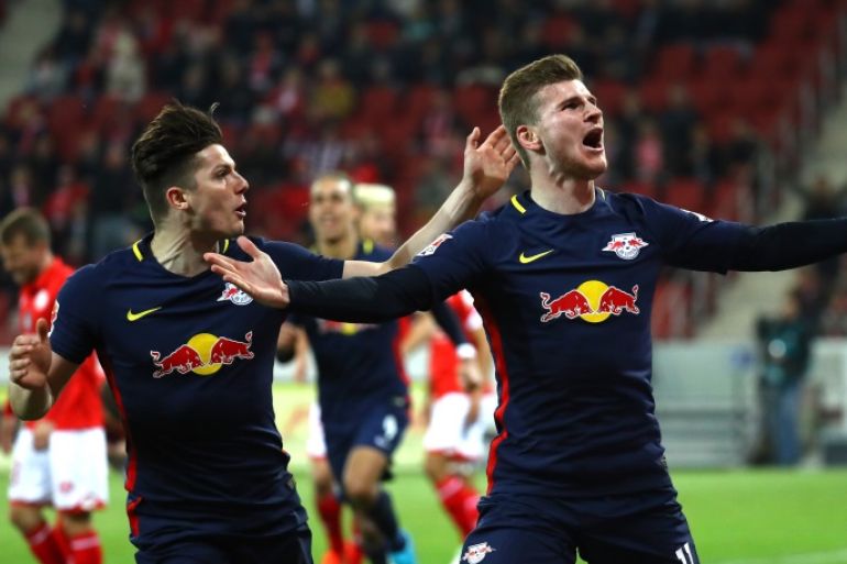 Football Soccer - FSV Mainz 05 v RB Leipzig - German Bundesliga - Opel Arena, Mainz, Germany - 5/4/17 - RB Leipzig's Timo Werner and Marcel Sabitzer react after scoring a goal REUTERS/Kai Pfaffenbach DFL RULES TO LIMIT THE ONLINE USAGE DURING MATCH TIME TO 15 PICTURES PER GAME. IMAGE SEQUENCES TO SIMULATE VIDEO IS NOT ALLOWED AT ANY TIME. FOR FURTHER QUERIES PLEASE CONTACT DFL DIRECTLY AT + 49 69 650050.