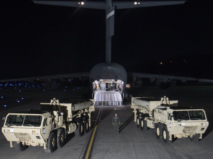 PYEONGTAEK, SOUTH KOREA - MARCH 06: In this handout photo provided by U.S. Forces Korea, trucks are seen carrying parts required to set up the Terminal High Altitude Area Defense (THAAD) missile defense system that had arrived at the Osan Air Base on March 6, 2017 in Pyeongtaek, South Korea. (Photo by United States Forces Korea via Getty Images)