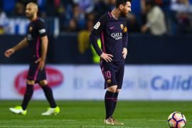 MALAGA, SPAIN - APRIL 08: Lionel Messi of FC Barcelona reacts dejected after Sandro Ramirez of Malaga CF scored the opening goal during the La Liga match between Malaga CF and FC Barcelona at La Rosaleda stadium on April 8, 2017 in Malaga, Spain. (Photo by David Ramos/Getty Images)