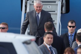 U.S. Secretary of State Rex Tillerson disembarks from a plane upon his arrival at Vnukovo International Airport in Moscow, Russia April 11, 2017. REUTERS/Maxim Shemetov