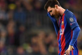 BARCELONA, SPAIN - APRIL 19: Lionel Messi of Barcelona shows his disappointment during the UEFA Champions League Quarter Final second leg match between FC Barcelona and Juventus at Camp Nou on April 19, 2017 in Barcelona, Spain. (Photo by Matthias Hangst/Bongarts/Getty Images)