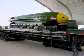 The GBU-43/B Massive Ordnance Air Blast (MOAB) bomb is pictured in this undated handout photo. Elgin Air Force Base/Handout via REUTERS ATTENTION EDITORS - THIS IMAGE WAS PROVIDED BY A THIRD PARTY. EDITORIAL USE ONLY.