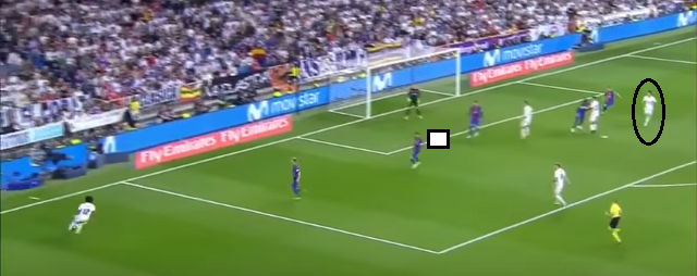 مارسيلو يصل إلى الكرة ويستعد للعب عرضية هدف ريال مدريد الثاني. السؤال: كيف استطاع اللاعب داخل الدائرة أن يصل النقطة البيضاء دون أن يلحظه أحد؟