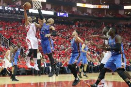 Apr 25, 2017; Houston, TX, USA; Houston Rockets guard Eric Gordon (10) drives against Oklahoma City Thunder forward Taj Gibson (22) in the second half in game five of the first round of the 2017 NBA Playoffs at Toyota Center. Houston Rockets won 105 to 99 .Mandatory Credit: Thomas B. Shea-USA TODAY Sports