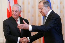 epa05903795 Russian Foreign Minister Sergei Lavrov (R) welcomes US Secretary of State Rex Tillerson (L) during their meeting in the Russian Foreign Ministry guest house in Moscow, Russia, 12 April 2017. Tillerson is in Moscow, meeting with Russian Foreign Minister Sergei Lavrov and other Russian officials to discuss Ukraine, counterterrorism efforts, bilateral relations and other issues, including the North Korea (D.P.R.K.) and Syria. EPA/SERGEI CHIRIKOV