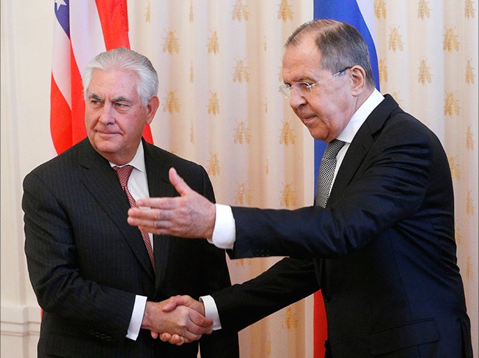 epa05903795 Russian Foreign Minister Sergei Lavrov (R) welcomes US Secretary of State Rex Tillerson (L) during their meeting in the Russian Foreign Ministry guest house in Moscow, Russia, 12 April 2017. Tillerson is in Moscow, meeting with Russian Foreign Minister Sergei Lavrov and other Russian officials to discuss Ukraine, counterterrorism efforts, bilateral relations and other issues, including the North Korea (D.P.R.K.) and Syria. EPA/SERGEI CHIRIKOV