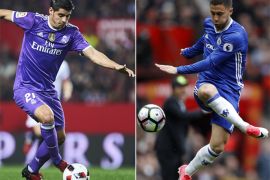 Alvaro Morata of Real Madrid CF + Chelsea's Eden Hazard