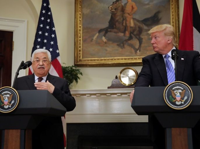 Palestinian President Mahmoud Abbas delivers a statement accompanied by U.S. President Donald Trump during a visit to the White House in Washington D.C., U.S., May 3, 2017. REUTERS/Carlos Barria