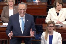 U.S. Senate Minority Leader Chuck Schumer (C) condemns the firing of FBI Director James Comey in a speech on the floor of the Senate in this video grab taken on Capitol Hill in Washington, U.S., May 10, 2017. U.S. Senate TV/Handout via Reuters ATTENTION EDITORS - EDITORIAL USE ONLY. NOT FOR SALE FOR MARKETING OR ADVERTISING CAMPAIGNS