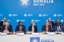 LONDON, UNITED KINGDOM - MAY 11: Prime Minister Theresa May chairs the London Conference on Somalia with Foreign Secretary Boris Johnson, Abdullahi Mohamed, President of Somalia, and António Guterres, UN Secretary General, at Lancaster House on May 11, 2017 in London, England. (Photo by Jack Hill - WPA Pool/Getty Images)