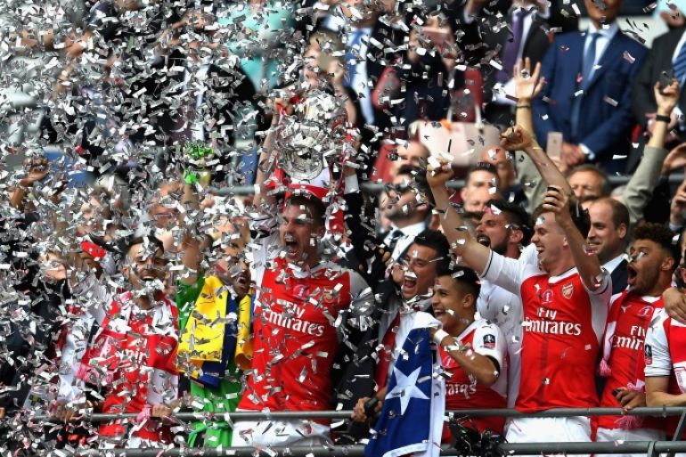 LONDON, ENGLAND - MAY 27: Laurent Koscielny of Arsenal lifts The FA Cup after The Emirates FA Cup Final between Arsenal and Chelsea at Wembley Stadium on May 27, 2017 in London, England. (Photo by Laurence Griffiths/Getty Images)