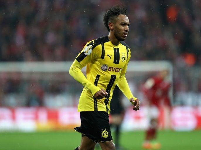 MUNICH, GERMANY - APRIL 26: Pierre-Emerick Aubameyang of Dortmund looks on during the DFB Cup semi final match between FC Bayern Muenchen and Borussia Dortmund at Allianz Arena on April 26, 2017 in Munich, Germany. (Photo by Alexander Hassenstein/Bongarts/Getty Images)