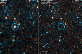 This pair of visible-light and near-infrared Hubble Space Telescope photos shows the giant star N6946-BH1 before and after it vanished out of sight by imploding to form a black hole. The left image shows the 25 solar mass star as it looked in 2007. In 2009, the star shot up in brightness to become over 1 million times more luminous than our sun for several months. But then it seemed to vanish, as seen in the right panel image from 2015. A small amount of infrared light