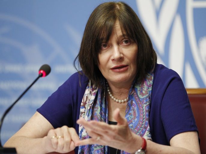 World Health Organization (WHO) Assistant Director-General Marie-Paule Kieny gestures during a news conference on Zika virus in Geneva, Switzerland, February 12, 2016. REUTERS/Pierre Albouy
