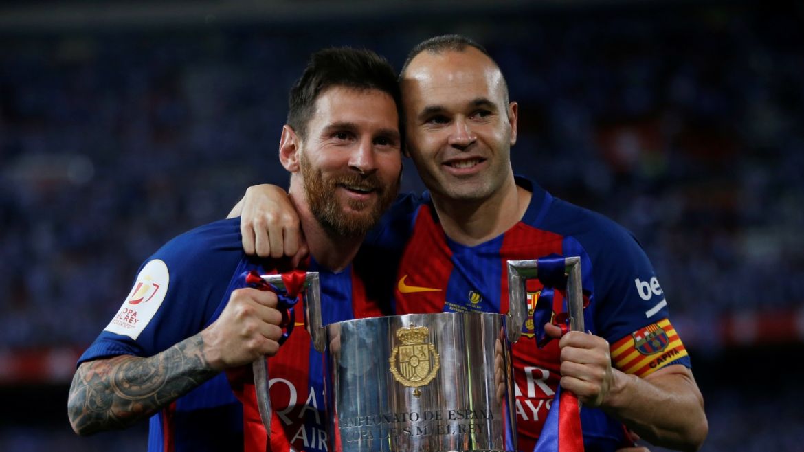 Football Soccer - FC Barcelona v Deportivo Alaves - Spanish King's Cup Final - Vicente Calderon Stadium, Madrid, Spain - 27/5/17 Barcelona’s Lionel Messi and Andres Iniesta celebrate with the trophy at the end of the matchReuters / Susana Vera