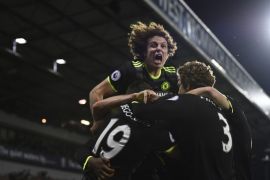 Britain Football Soccer - West Bromwich Albion v Chelsea - Premier League - The Hawthorns - 12/5/17 Chelsea's Michy Batshuayi celebrates scoring their first goal with David Luiz and teammates Reuters / Dylan Martinez Livepic EDITORIAL USE ONLY. No use with unauthorized audio, video, data, fixture lists, club/league logos or