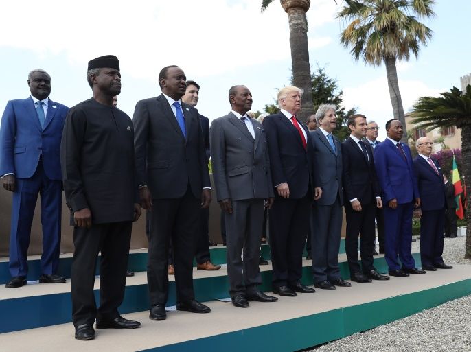 TAORMINA, ITALY - MAY 27: U.S. President Donald Trump (C) and other leaders pose in the group photo for the G7 Outreach Program on the second and last day of the G7 Taormina summit on the island of Sicily on May 27, 2017 in Taormina, Italy. Leaders of the G7 group of nations, which includes the Unted States, Canada, Japan, the United Kingdom, Germany, France and Italy, as well as the European Union, are meeting at Taormina from May 26-27. (Photo by Sean Gallup/Getty Images)