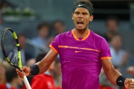 MADRID, SPAIN - MAY 12: Rafael Nadal of Spain celebrates during in his match against David Goffin of Belguim during day six of the Mutua Madrid Open tennis at La Caja Magica on May 12, 2017 in Madrid, Spain (Photo by Clive Rose/Getty Images)
