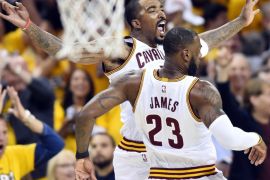 May 1, 2017; Cleveland, OH, USA; Cleveland Cavaliers guard JR Smith (5) and forward LeBron James (23) celebrate a dunk by James during the first quarter against the Toronto Raptors in game one of the second round of the 2017 NBA Playoffs at Quicken Loans Arena. Mandatory Credit: Ken Blaze-USA TODAY Sports
