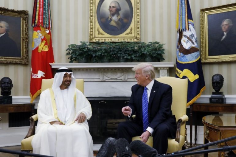 Abu Dhabi's Crown Prince Sheikh Mohammed bin Zayed al-Nahyan meets with U.S. President Donald Trump in the Oval Office at the White House in Washington, U.S. May 15, 2017. REUTERS/Kevin Lamarque