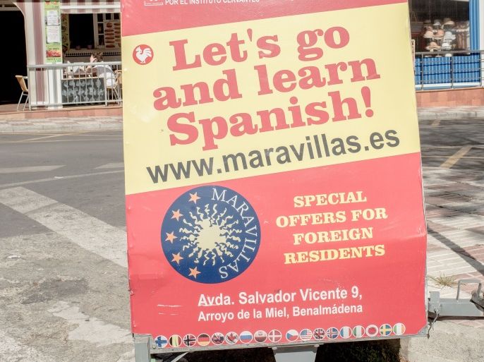BENALMADENA, SPAIN - MARCH 17: A board announcing Spanish language lessons is seen on March 17, 2016 in Benalmadena, Spain. Spain is Europe's top destination for British expats with the southern regions of Costa del Sol and Alicante being the most popular places to live. The EU Referendum will be held on June 23, 2016 and only those who have lived abroad for less than 15 years will be able to vote. Some in the British expat communities in Spain are worried about that