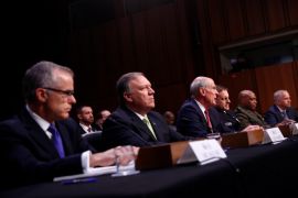 (L-R) Acting FBI Director Andrew McCabe, Central Intelligence Agency Director Mike Pompeo, U.S. Director of National Intelligence Dan Coats, National Security Agency Director Mike Rogers, Defense Intelligence Agency Director Lt. Gen. Vincent Stewart and National Geospatial-Intelligence Agency Director Robert Cardillo testify before the U.S. Senate Select Committee on Intelligence on Capitol Hill in Washington, U.S. May 11, 2017. REUTERS/Eric Thayer