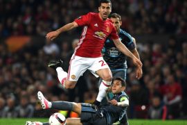 MANCHESTER, ENGLAND - MAY 11: Henrikh Mkhitaryan of Manchester United rides a tackle from Pablo Hernandez of Celta Vigo during the UEFA Europa League, semi final second leg match, between Manchester United and Celta Vigo at Old Trafford on May 11, 2017 in Manchester, United Kingdom. (Photo by Gareth Copley/Getty Images)