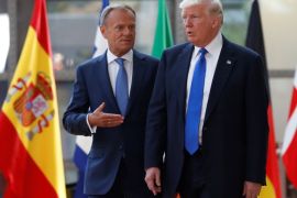 U.S. President Donald Trump (R) walks with the President of the European Council Donald Tusk in Brussels, Belgium, May 25, 2017. REUTERS/Francois Lenoir