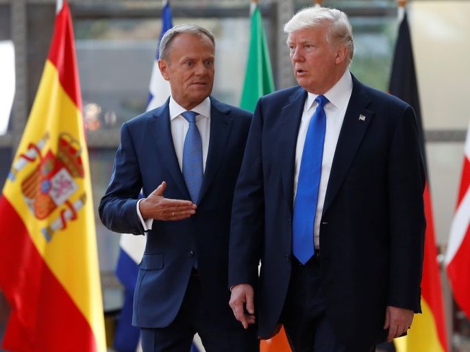 U.S. President Donald Trump (R) walks with the President of the European Council Donald Tusk in Brussels, Belgium, May 25, 2017. REUTERS/Francois Lenoir