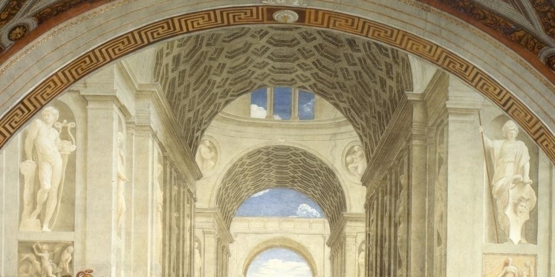 تفصيلة مِن لوحة مدرسة أثينا لرافائيل، رسم منظور معماري للمعبد (مواقع التواصل)