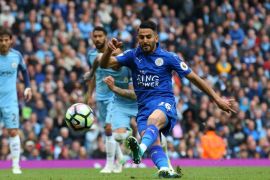 MANCHESTER, ENGLAND - MAY 13: Riyad Mahrez of Leicester City scores a penalty which is later disallowed during the Premier League match between Manchester City and Leicester City at Etihad Stadium on May 13, 2017 in Manchester, England. (Photo by Alex Livesey/Getty Images)