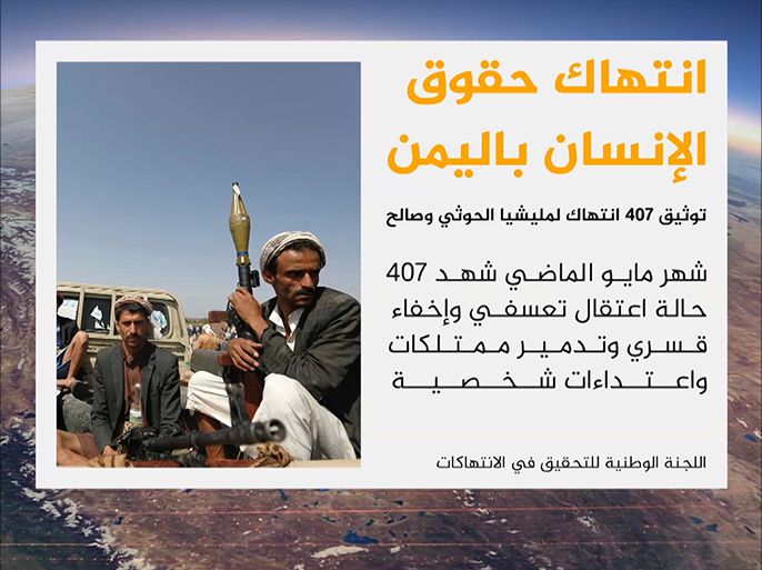 قالت اللجنة الوطنية للتحقيق في ادعاءات انتهاكات حقوق الإنسان إنها رصدت ووثقت أربعمائة وسبع حالات انتهاك ارتكبتها مليشيات الحوثي وقوات صالح بحق المدنيين في اليمن خلال شهر مايو الماضي