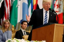 U.S. President Donald Trump, flanked by Ivanka Trump and White House senior advisor Jared Kushner, delivers remarks to the Arab Islamic American Summit in Riyadh, Saudi Arabia May 21, 2017. REUTERS/Jonathan Ernst