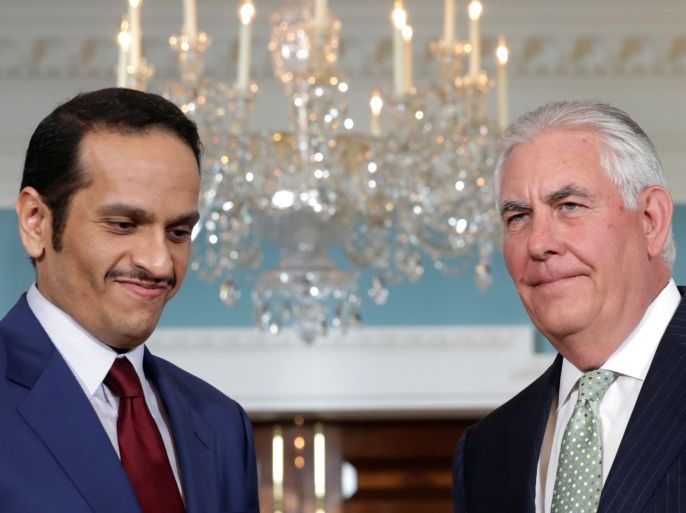 U.S. Secretary of State Rex Tillerson (R) meets with Qatari Foreign Minister Sheikh Mohammed bin Abdulrahman Al Thani at the State Department in Washington, U.S., June 27, 2017. REUTERS/Yuri Gripas