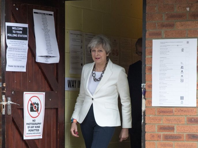 MAIDENHEAD, ENGLAND - JUNE 08: Conservative Party leader Theresa May leaves the polling station in Sonning Guide & Scout hut after casting her vote on June 8, 2017 in Sonning near Maidenhead, England. Polling stations have opened as the nation votes to decide the next UK government in a general election. (Photo by Matt Cardy/Getty Images)