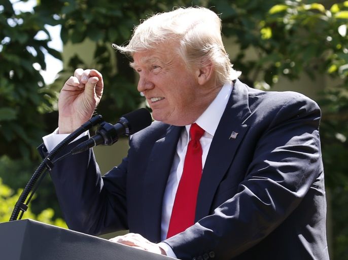 U.S. President Donald Trump refers to amounts of temperature change as he announces his decision that the United States will withdraw from the landmark Paris Climate Agreement, in the Rose Garden of the White House in Washington, U.S., June 1, 2017. REUTERS/Joshua Roberts
