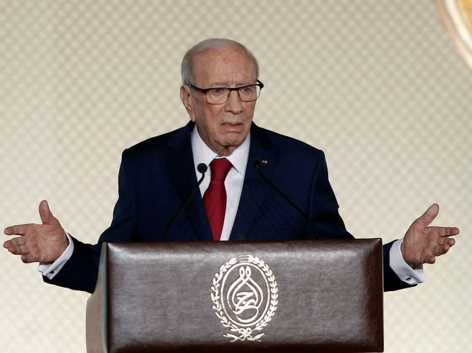 Tunisian President Beji Caid Essebsi delivers a speech in Tunis, Tunisia May 10, 2017. REUTERS/Zoubeir Souissi