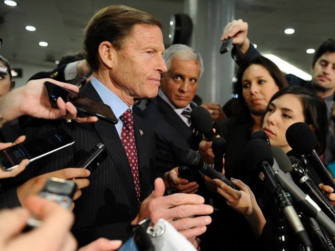 Sen. Richard Blumenthal (D-CT) speaks to the media after Deputy U.S. Attorney General Rod Rosenstein's classified briefing for the full U.S. Senate on President Donald Trump's firing of FBI Director James Comey in Washington U.S., May 18, 2017. REUTERS/Mary F. Calvert