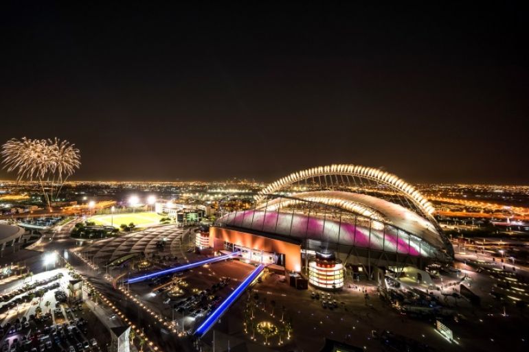 DOHA, QATAR - MAY 19: In this handout image supplied by Qatar 2022, Fireworks over Khalifa International Stadium during the official opening ceremony of Khalifa International Stadium on May 19, 2017 in Doha, Qatar. Qatar's Supreme Committee for Delivery &amp; Legacy launches Khalifa International Stadium, the first completed 2022 FIFA World Cup venue, five years before the tournament begins. (Photo by Supreme Committee for Delivery &amp; Legacy/Qatar 2022 via Getty Images)