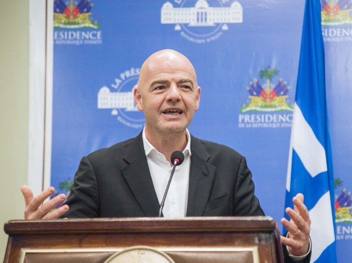 epa05936206 The President of the International Football Federation (FIFA), Gianni Infantino speaks during a press meeting at the National Palace in Port-au-Prince, Haiti, 29 April 2017. EPA/Jean Marc Herve Abelard