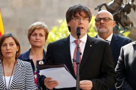 Catalonia's regional President Carles Puigdemont announces a referendum on a split from Spain outside the Palau de la Generalitat, the regional government headquarters, in Barcelona, Spain, June 9, 2017. REUTERS/Albert Gea