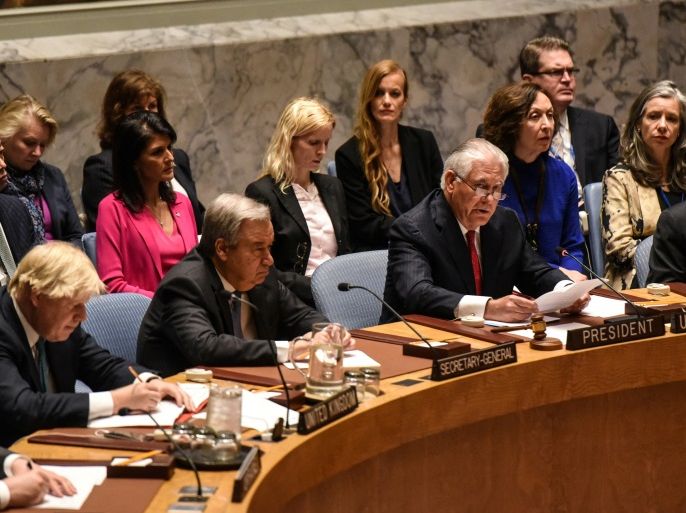 U.S. Secretary of State Rex Tillerson speaks at a Security Council meeting on the situation in North Korea at the United Nations, in New York City, U.S., April 28, 2017. REUTERS/Stephanie Keith
