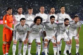 epa04531640 Real Madrid players (front row, L-R) Gareth Bale, Marcelo, Isco, Carvajal, and Asier Illarramendi; (back row, L-R) goalkeeper and captain Iker Casillas, Sergio Ramos, Toni Kroos, Pepe, Karim Benzema, and Cristiano Ronaldo line up before the FIFA Club World Cup 2014 semi final soccer match between Cruz Azul and Real Madrid in Marrakech, Morocco, 16 December 2014. Real Madrid won 4-0. EPA/KHALED ELFIQI