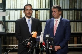 epa06018343 The Foreign Minister of Qatar, Sheikh Mohammed bin Abdulrahman al-Thani (L) speaks next to German Foreign Minister Sigmar Gabriel (R) during their joint press conference in the Herzog August Library, in Wolfenbuettel, Germany, 09 June 2017. Both politicians discussed about the current situation in the Middle East region and their bilateral relations. EPA/FELIPE TRUEBA