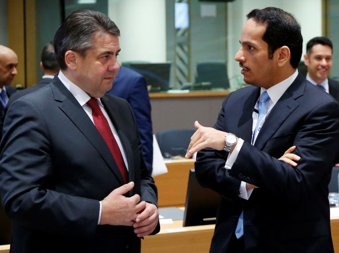 German Foreign Minister Sigmar Gabriel listens to Qatar's Foreign Minister Mohammed bin Abdulrahman al-Thani (R) during an international conference on the future of Syria and the region, in Brussels, Belgium, April 5, 2017. REUTERS/Francois Lenoir