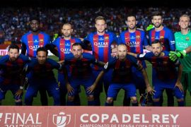 MADRID, SPAIN - MAY 27: FC Barcelona players pose for a team picture prior to the kick off during the Copa Del Rey Final between FC Barcelona and Deportivo Alaves at Vicente Calderon stadium on May 27, 2017 in Madrid, Spain. (Photo by David Ramos/Getty Images)
