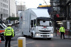 LONDON, ENGLAND - JUNE 04: The truck carrying the van used in the attack departs from London Bridge on June 4, 2017 in London, England. Police are investigationg last night's terrorist attack on London Bridge and at Borough Market where 6 people were killed and at least 48 injured. Three attackers were shot dead by armed police. (Photo by Carl Court/Getty Images)
