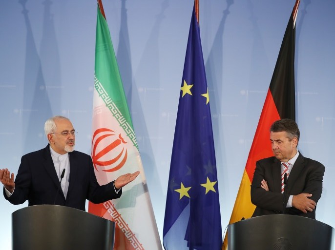 BERLIN, GERMANY - JUNE 27: Iranian Minister of Foreign Affairs Mohammad Javad Zarif (L) and German Foreign Minister Sigmar Gabriel speak to the media following talks on June 27, 2017 in Berlin, Germany. The two men discussed bilateral relations as well as the Iran nuclear agreement, which eases international sanctions against Iran in exchange for commitments by Iran on its nuclear program. (Photo by Sean Gallup/Getty Images)